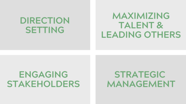 direction setting, maximizing talent and leading others, engaging stakeholders, strategic management